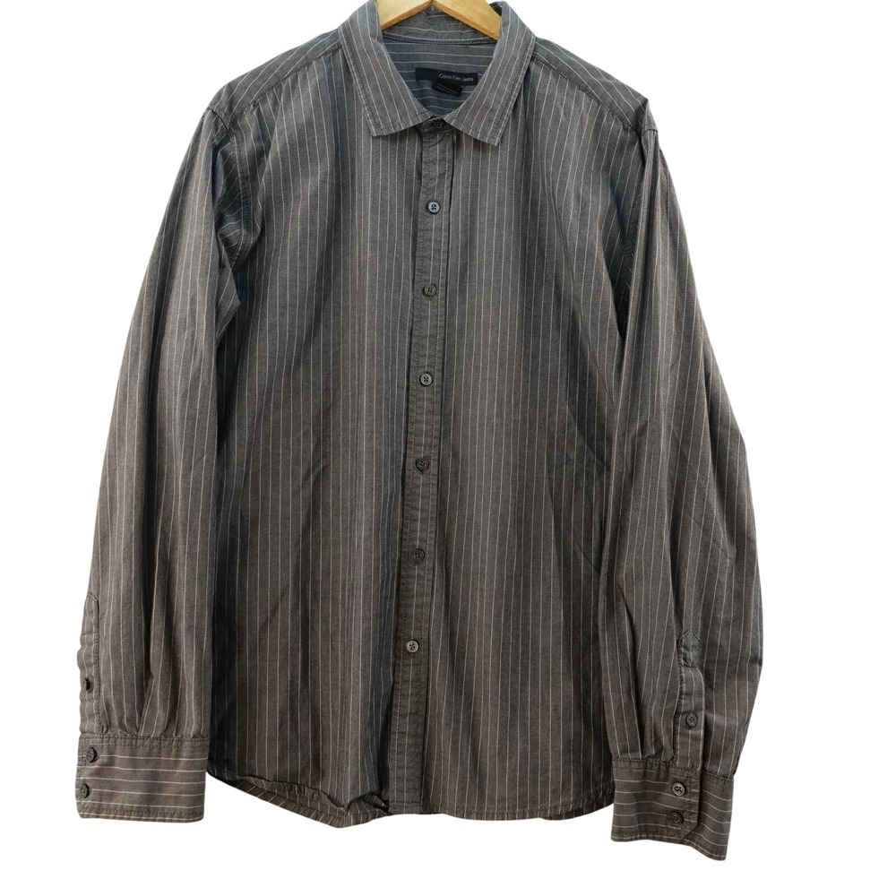 Calvin Klein Jeans Mens XL Gray Pinstripe Long Sleeve‎ Button Down Shirt Preppy
